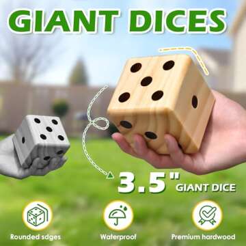 ropoda 3.5" Giant Wooden Yard Dice Set for Outdoor Fun, Barbeque, Party Events, Backyard Games, Lawn Games Includes 6 Dice, Collapsible Bucket, Score Cards & Dry Erase Marker