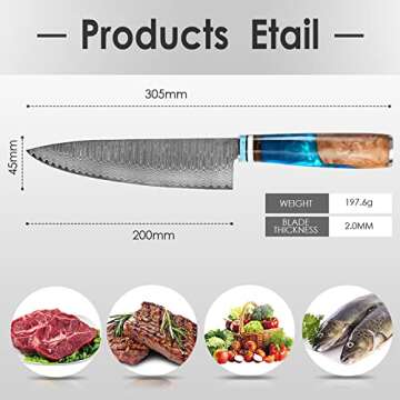 Chef Knife, Professional Japanese VG10 Damascus Steel Kitchen Chefs Knife 8 Inch, Razor Sharp Professional Meat Cutting Knife with Gift Box for Family, Restaurant