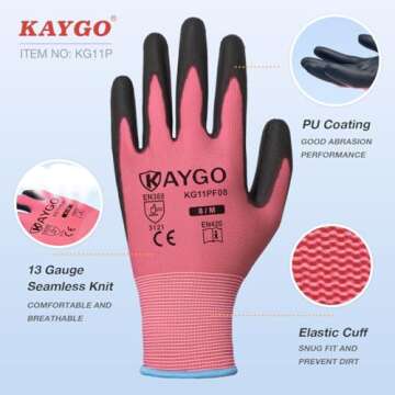 KAYGO Safety Work Gloves PU Coated-12 Pairs Seamless Knit Glove with Polyurethane Coated Smooth Grip on Palm & Fingers, for Men and Women, Ideal for General Duty Work, KG11P (XS, Pink)