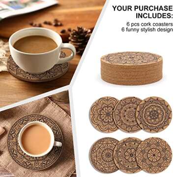 STARUBY Coasters for Drinks 6 pcs Absorbent Cork Coasters with Flower Pattern Housewarming Gifts for New Home Present for Friends, Living Room Decor, Apartment Decor