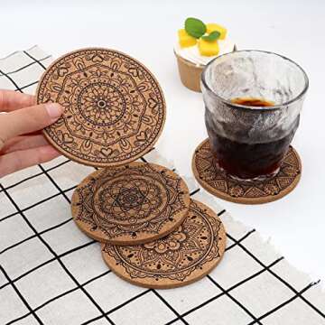 STARUBY Coasters for Drinks 6 pcs Absorbent Cork Coasters with Flower Pattern Housewarming Gifts for New Home Present for Friends, Living Room Decor, Apartment Decor