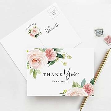 Bliss Collections Thank You Post Cards, Pack of 50 Boho Floral 4.25 x 6 All Occasion Cards for Weddings, Receptions, Bridal Showers, Baby Showers, Birthdays, Graduations, Parties and Special Events