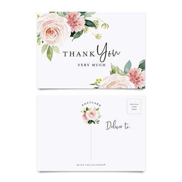 Bliss Collections Thank You Post Cards, Pack of 50 Boho Floral 4.25 x 6 All Occasion Cards for Weddings, Receptions, Bridal Showers, Baby Showers, Birthdays, Graduations, Parties and Special Events