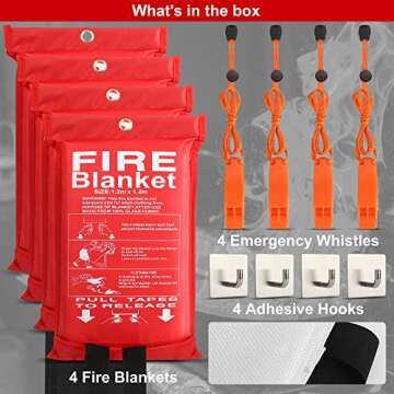 ELDAR 4-Pack Fire Blanket - X-Large Fiberglass Fire Blanket Fire Suppression Blanket - Fire Blankets Emergency for People - Fire Safety Blanket with Emergency Whistles - Fireblanket for Kitchen, Home