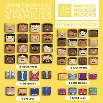 48-Piece Multiracial Family Play Set – Magnetic Wooden Diversity Building Blocks for Kids – SEL Toy Promoting Cultural Inclusion, Self-Esteem, and Eco-Friendly Play