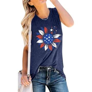 Womens Sunflower Graphic American Flag Tank Top USA Stars Stripes Printed Sleeveless T Shirts Round Neck Independence Day Tee Funny Patriotic Shirts, Dark Blue Medium