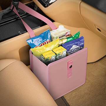 KMMOTORS Foldable Hanging Car Trash Can Jopps Pink Mediuk-m, Car waste bin, Vegan Leather and Oxford Clothes Car Organizer, Girls car accessories, car trash can for teen girls(Medium, Light Pink)