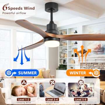 CACI Mall 52'' Ceiling Fan with Light, Remote Control, Indoor Flush Mount Wood Modern for Bedroom, Dining Room, Patio, Living Farmhouse, Office 5247/Black/Walnut