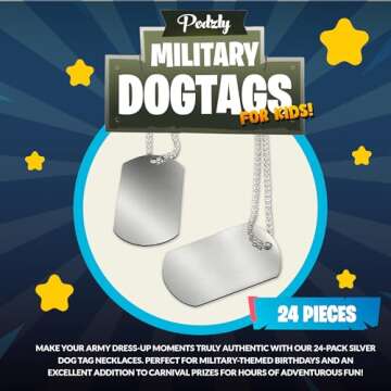 Podzly 24 Piece Military Dog Tags - Silver Metal Necklaces with 2" Tag with 24" Chain - Breakaway Features - Perfect for Army-Themed Birthday Parties, Costumes & Favors