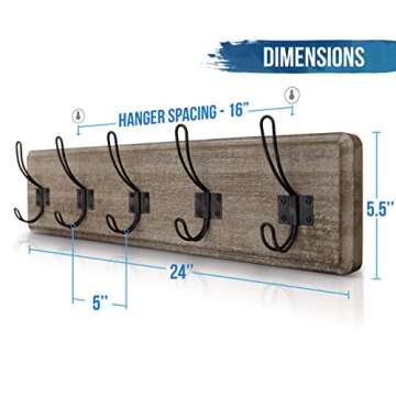 HBCY Creations Weathered Rustic Coat Rack Wall Mount with 5 Hooks, Solid Pine Wood 24 inch Wall Hooks for Entryway, Mudroom, Hallway, Bathroom - Vintage Farmhouse Style Wall Mounted Towel Rack