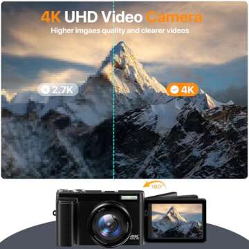 4K Digital Camera for Photography Auto-Focus Vlogging Camera for YouTube Video with 3'' 180° Flip Screen 16X Anti-Shake 4K Camera Compact Cameras with SD Card, Flash, 2 Batteries & Battery Charger