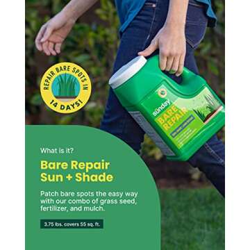 Sunday Bare Repair Sun and Shade Grass Seed Spot Treatment - Grass Seed for Shade and Hard to Grow Areas - Lawn Patch Repair That Works in 14 Days or Less - 3.75lb Jug (Covers 55 Sq Ft)