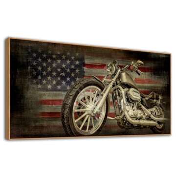 Framed American Flag Wall Art - Vintage Map of USA Pictures Retro Motorcycle Wall Decor American Freedom Ride Canvas Painting Print Modern Classic Artwork for Home Office Decor 30" x 60"