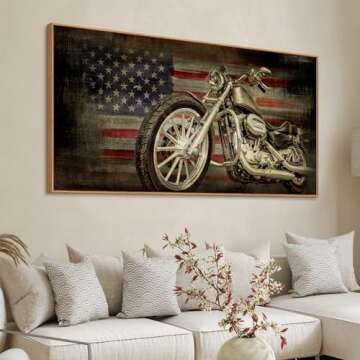 Framed American Flag Wall Art - Vintage Map of USA Pictures Retro Motorcycle Wall Decor American Freedom Ride Canvas Painting Print Modern Classic Artwork for Home Office Decor 30" x 60"