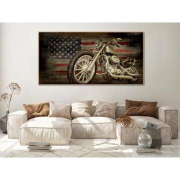 Framed American Flag Wall Art - Vintage Map of USA Pictures Retro Motorcycle Wall Decor American Freedom Ride Canvas Painting Print Modern Classic Artwork for Home Office Decor 30" x 60"