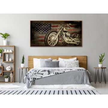 Framed American Flag Wall Art - Vintage Map of USA Pictures Retro Motorcycle Wall Decor American Freedom Ride Canvas Painting Print Modern Classic Artwork for Home Office Decor 30" x 60"