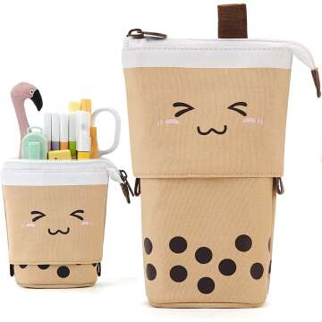 ANGOOBABY Cute Pencil Case Standing Pen Holder Telescopic Makeup Pouch Pop Up Cosmetics Bag with Kawaii Smile Face Stationery case Office Organizer Box for Girls Students Women Adult (Brown)