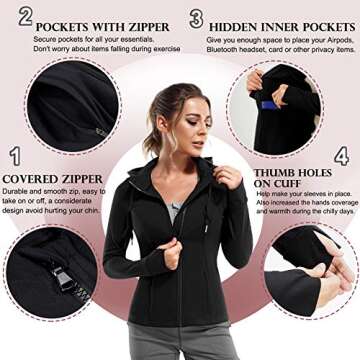 TrainingGirl Women Full Zip Workout Sports Jackets Slim Fit Long Sleeve Yoga Track Hoodie Thumb Hole Athletic Running Jackets (Black, Small)