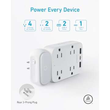 Anker USB Wall Charger,Anker 6 Outlet Extender with 2USB A, 1USB C Ports,Built-in Lamp and Overload Protector with Stable & Rotating Plug, Multi Plug Adapter Spaced for Home Travel Office,TUV Listed