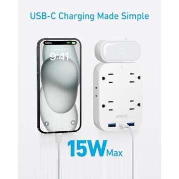 Anker USB Wall Charger,Anker 6 Outlet Extender with 2USB A, 1USB C Ports,Built-in Lamp and Overload Protector with Stable & Rotating Plug, Multi Plug Adapter Spaced for Home Travel Office,TUV Listed