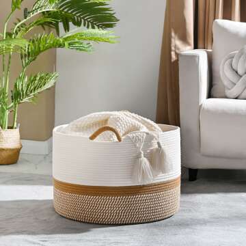 KAKAMAY Woven Cotton Rope Blanket Basket 20"x13"