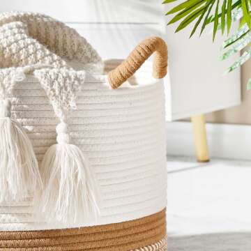 KAKAMAY Woven Cotton Rope Blanket Basket 20"x13"