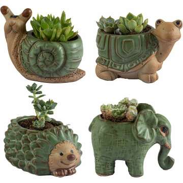 Small Succulent Pots with Drainage, Ceramic Animal Planter, Indoor Plant, Cute Cactus/Bonsai Flower Pots for Home Decor and Office Desk Decoration, A Set of 4 Pieces is Suitable as A Gift