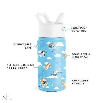 Simple Modern Bluey Kids Water Bottle with Straw Lid | Reusable Insulated Stainless Steel Cup for Toddlers, School | Summit Collection | 14oz, Bluey Sky