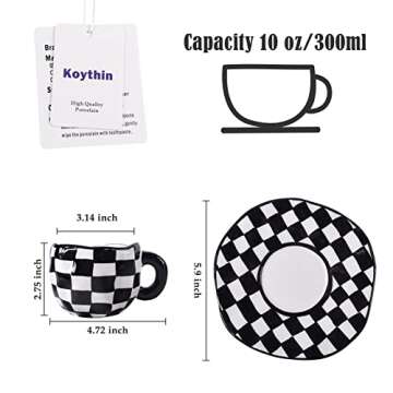 Koythin Ceramic Coffee Mug, Novelty Black and White Plaid Cup with Saucer for Office and Home, Dishwasher and Microwave Safe, 10 oz/300 ml for Latte Tea Milk (Black and White Plaid)