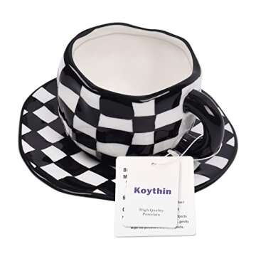 Koythin Ceramic Coffee Mug, Novelty Black and White Plaid Cup with Saucer for Office and Home, Dishwasher and Microwave Safe, 10 oz/300 ml for Latte Tea Milk (Black and White Plaid)