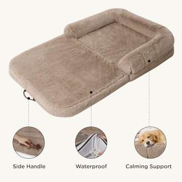 Bedsure Foldable Human Dog Bed for Kids, 2 in 1 Calming Human Size Giant Dog Bed Fits Pet Families with Egg Foam Supportive Mat and Waterproof Liner, Faux Fur Orthopedic Dog Sofa, Camel