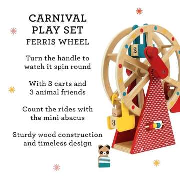 Petit Collage Ferris Wheel Carnival Wooden Toy, 2 Animal Characters Included – Pre-Assembled Wooden Ferris Wheel Toy with Sturdy Wood Construction, Non-Toxic and Safe for Kids, Ideal for Ages 3+