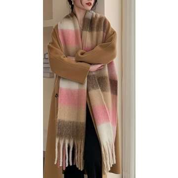 Wander Agio Winter Women Warm Scarf Long Shawl Large Scarves Cold Weather Thick Blanket Scarfs Colorful Plaid Brown Pink 21