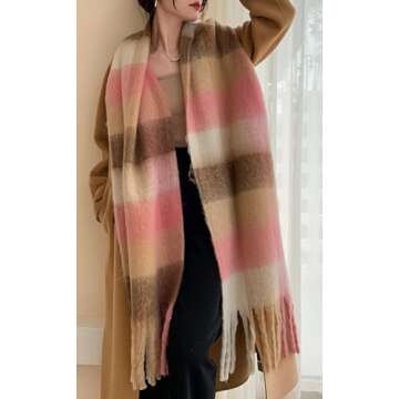 Wander Agio Winter Women Warm Scarf Long Shawl Large Scarves Cold Weather Thick Blanket Scarfs Colorful Plaid Brown Pink 21