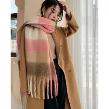 Wander Agio Winter Women Warm Scarf Long Shawl Large Scarves Cold Weather Thick Blanket Scarfs Colorful Plaid Brown Pink 21