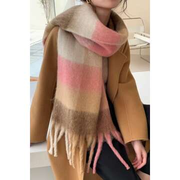 Wander Agio Winter Women Warm Scarf Long Shawl Large Scarves Cold Weather Thick Blanket Scarfs Colorful Plaid Brown Pink 21