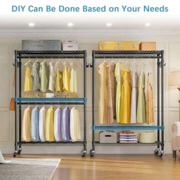 VIPEK V12 Heavy Duty Rolling Garment Rack 3 Tiers Adjustable Wire Shelving Clothes Rack with Double Rods and Side Hooks, Freestanding Wardrobe Storage Rack Metal Clothing Rack, Black