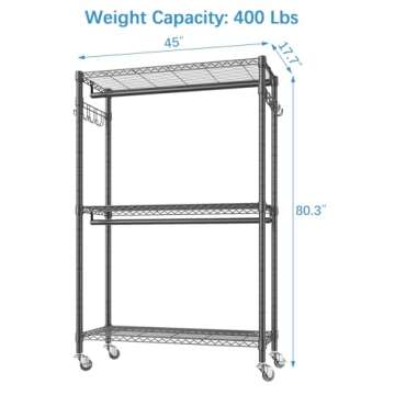 VIPEK V12 Heavy Duty Rolling Garment Rack 3 Tiers Adjustable Wire Shelving Clothes Rack with Double Rods and Side Hooks, Freestanding Wardrobe Storage Rack Metal Clothing Rack, Black