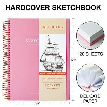 9 x 12 inches Hardcover Sketchbook for Drawing 120 Sheets Spiral Bound Sketch Pad Premium Art Sketchbook Artistic Drawing Painting Writing Paper(68lb/100gsm) for Kids Adults Beginners Artists, Pink