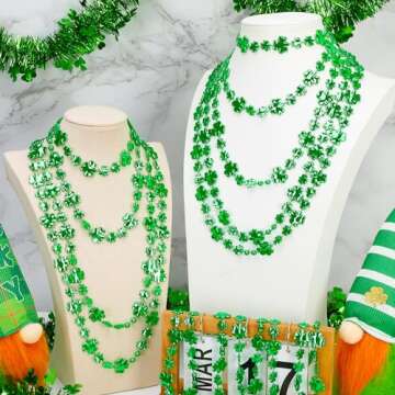 12PCS St Patricks Day Accessories, Shamrock Green Beads St. Patrick's Day Necklace, Irish Saint Patricks Day Necklace Bulk, St. Patricks Day 4 Leaf Clover Decorations Throw for Parade Party Supplies