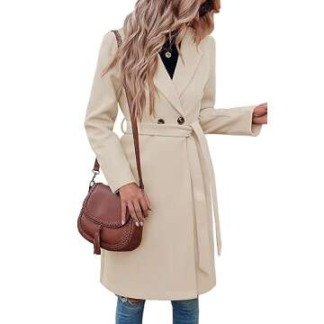 Fazortev Womens Pea Trench Coats Notched Lapel Double Breasted Belted Business Casual Jackets Outerwear