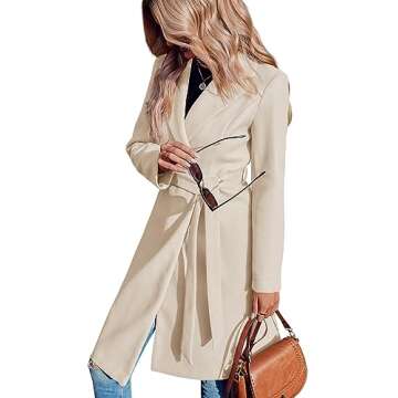 Fazortev Womens Pea Trench Coats Notched Lapel Double Breasted Belted Business Casual Jackets Outerwear