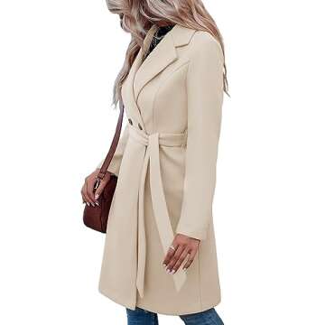 Fazortev Womens Pea Trench Coats Notched Lapel Double Breasted Belted Business Casual Jackets Outerwear