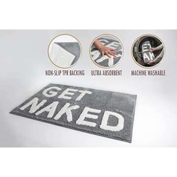 LABEND HOME Get Naked Bath Mat Rug - Shower Curtain Set - Funny Peach Bathroom Decor Signs Rugs - Cute Fun Bath Mat - Bathroom Accessories - Washable (Gray)