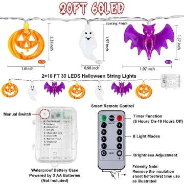 [Timer] 2 Pack Halloween Lights Indoor Outdoor, 20FT 60 LED Pumpkin Bat Ghost Battery Operated String Lights, 8 Lighting Modes Waterproof Halloween Decorations Lights for Home Party Decor