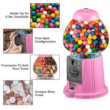 11-Inch Mini Gumball Machine - Vintage Candy Dispenser with Glass Globe, Metal Base, and Free Spin Coin Mechanism by Great Northern Popcorn (Pink)