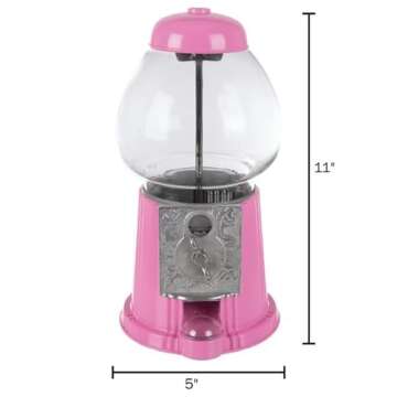 11-Inch Mini Gumball Machine - Vintage Candy Dispenser with Glass Globe, Metal Base, and Free Spin Coin Mechanism by Great Northern Popcorn (Pink)