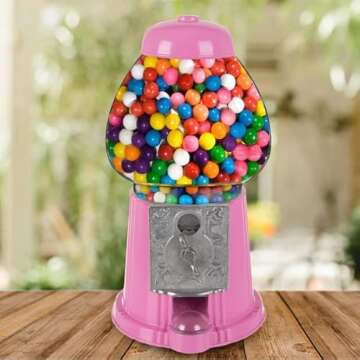 11-Inch Mini Gumball Machine - Vintage Candy Dispenser with Glass Globe, Metal Base, and Free Spin Coin Mechanism by Great Northern Popcorn (Pink)