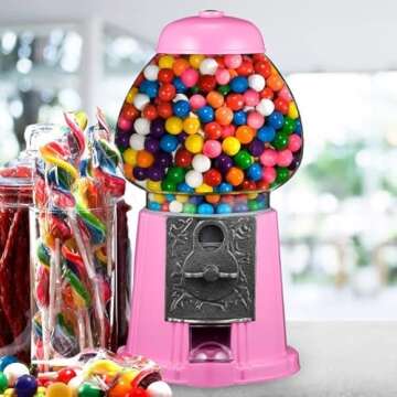 11-Inch Mini Gumball Machine - Vintage Candy Dispenser with Glass Globe, Metal Base, and Free Spin Coin Mechanism by Great Northern Popcorn (Pink)