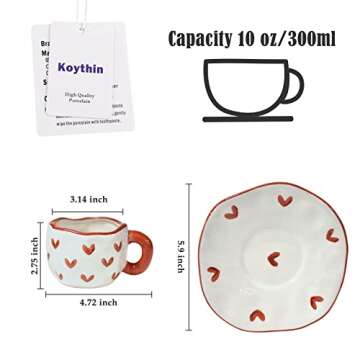 Koythin Ceramic Coffee Mug with Saucer Set, Cute Creative Cup Unique Irregular Design for Office and Home, Dishwasher and Microwave Safe, 10 oz/300 ml for Latte Tea Milk (Red Heart)